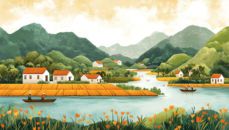 美丽乡村田园风景手绘插画