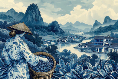 复古青花蓝调女孩乡村茶园手绘版画