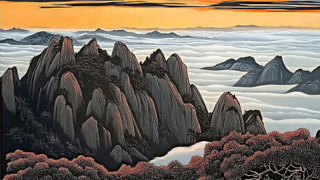复古高山云雾中国风山水风景手绘钢笔画