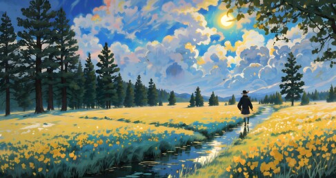 插画风格的一个男孩走在花草田间小路上