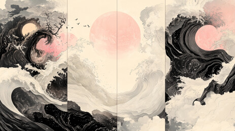 和风黑粉色创意海浪太阳浮世绘背景