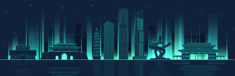 东莞城市建筑科技现代线稿矢量插画海报