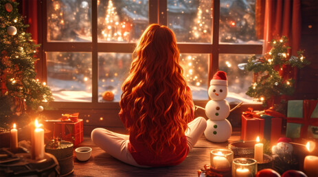 圣诞节窗前的女孩