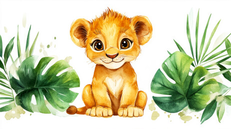 可爱的小狮子绿色竹叶背景剪贴画