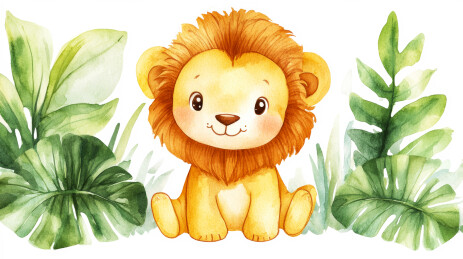 可爱的小狮子绿色竹叶背景剪贴画