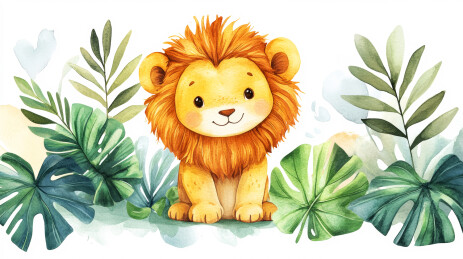 可爱的小狮子绿色竹叶背景剪贴画