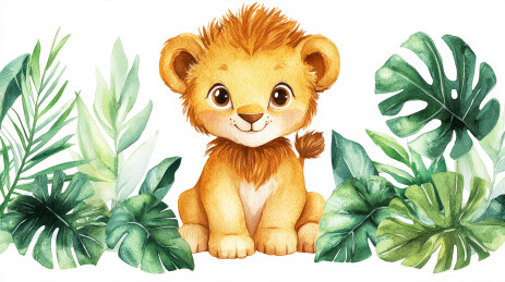 可爱的小狮子绿色竹叶背景剪贴画