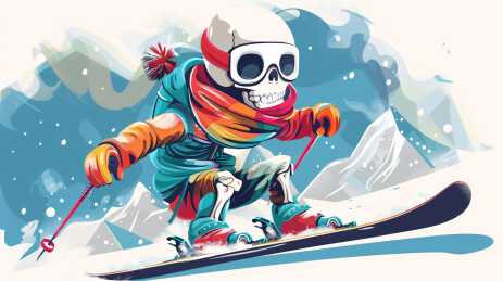 滑雪时戴着彩色围巾和滑雪镜的可爱快乐骨架