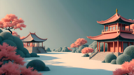 中式建筑城楼3D立体插画