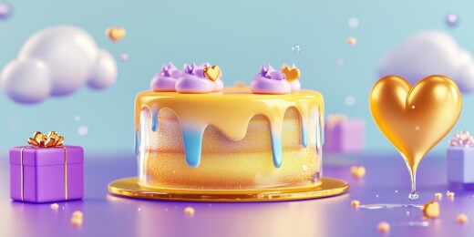 彩色梦幻可爱治愈生日蛋糕3D卡通立体插画