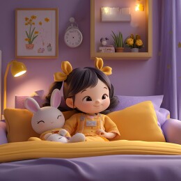 3d卡通风格幼童抱着安抚玩偶躺在床铺上