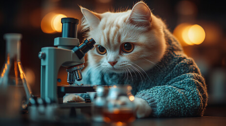猫穿着实验室外套使用显微镜