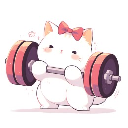 卡通简洁矢量风格手绘小猫举重做运动插画