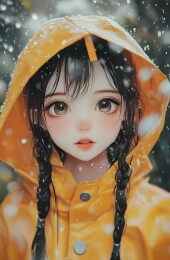 下雨天穿黄色雨衣的小女孩