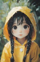 下雨天穿黄色雨衣的小女孩