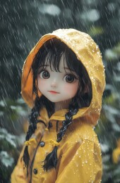 下雨天穿黄色雨衣的小女孩