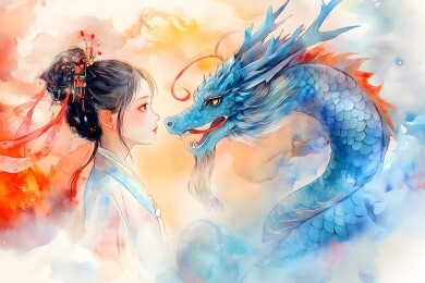 中国传统神兽神龙和一个女孩