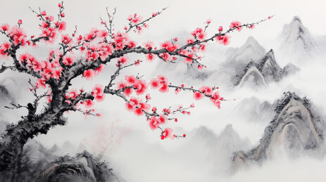 中国风水墨山水梅花风景画
