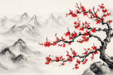中国风水墨山水梅花风景画
