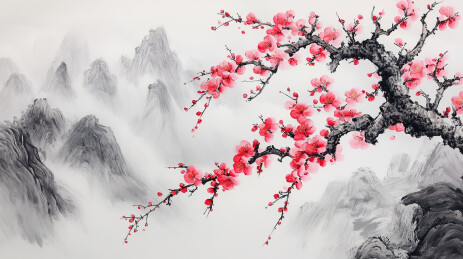中国风水墨山水梅花风景画