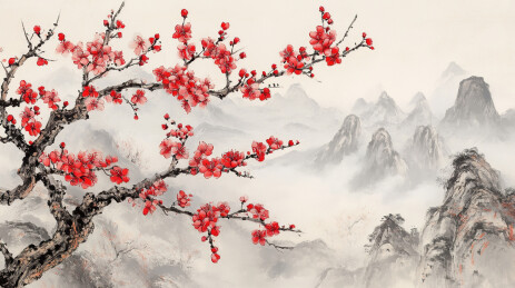 中国风水墨山水梅花风景画