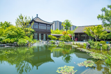 浙江杭州上城区丁桥桃花湖公园江南园林风光