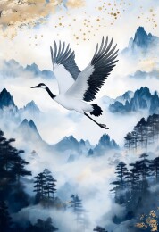自由飞翔在空中的丹顶鹤仙鹤插画