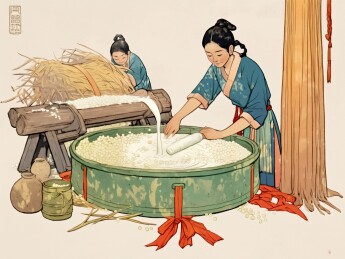 两个妇女泡豆磨豆过滤煮浆合作完成豆浆制作