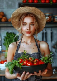 金发女郎戴草帽抱番茄