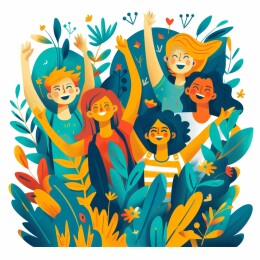 人们在郁郁葱葱的花园里手舞足蹈地庆祝