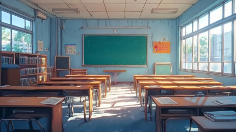 温暖阳光下校园教室黑板课桌室内场景
