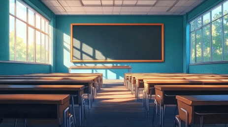温暖阳光下校园教室黑板课桌室内场景
