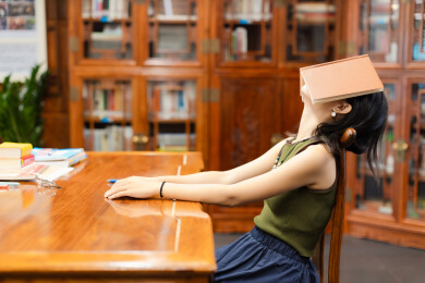 女生看书感到疲惫