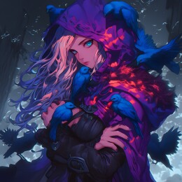 暗黑风格魔法姑娘带着神鸟插画壁纸