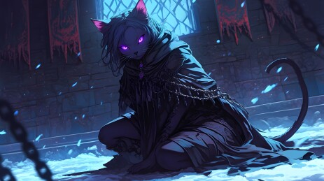 夜晚神秘魔法黑猫精灵插画