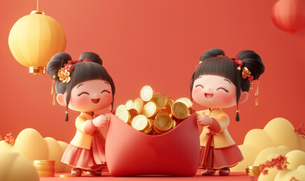 新春佳节素材手拿福袋金币的福娃