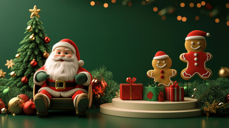 装饰有圣诞树雪橇和圣诞老人的绿色背景插画