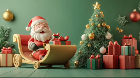 装饰有圣诞树雪橇和圣诞老人的绿色背景插画