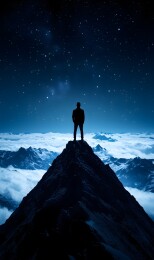 人物站在山顶上眺望星空