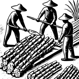 砍甘蔗大丰收黑白版画插画