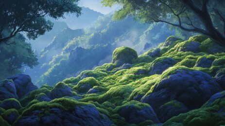 青苔覆盖的岩石山丘