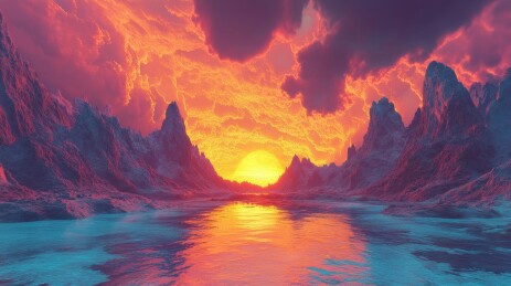 火焰般日落下的奇幻山脉