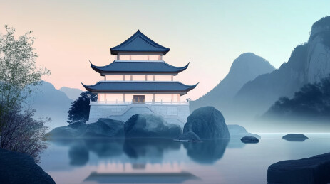中国传统风格建筑坐落在湖边场景