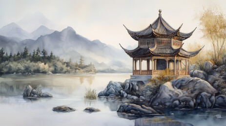 中国传统风格建筑坐落在湖边场景