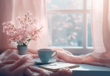 窗户照进室内鲜花与咖啡杯