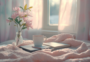 窗户照进室内鲜花与咖啡杯