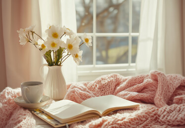 窗户照进室内鲜花与咖啡杯