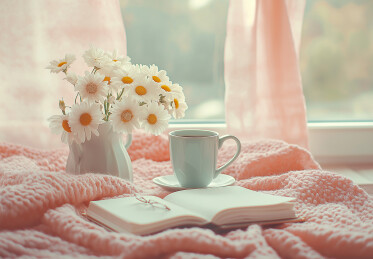 窗户照进室内鲜花与咖啡杯