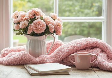 窗户照进室内鲜花与咖啡杯