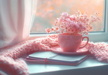 窗户照进室内鲜花与咖啡杯